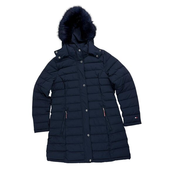 Tommy Hilfiger Women’s Navy TH Flex Puffer Coat w/ Faux Fur Hood – Size Large - Picture 2 of 15